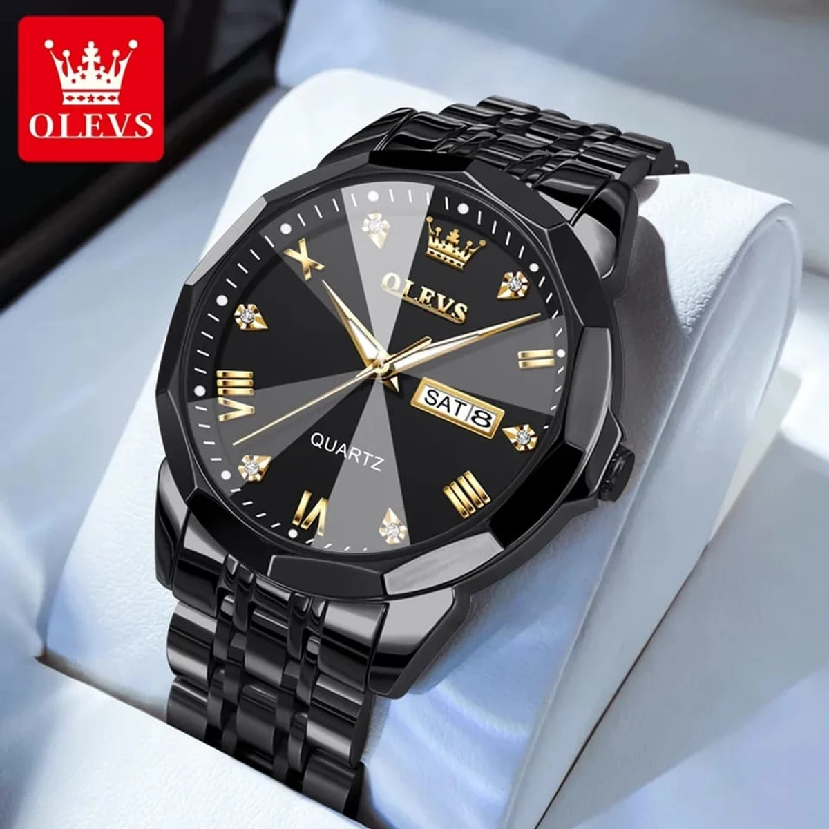 Luxury Olives authentic men's watch waterproof night light dual calendar watch men's quartz watch diamond ceiling glass full black