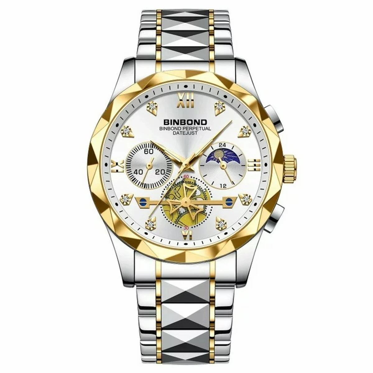 Luxury Binbond authentic men's watch waterproof night light dual calendar watch men's quartz watch diamond ceiling glass- Silver & Golden