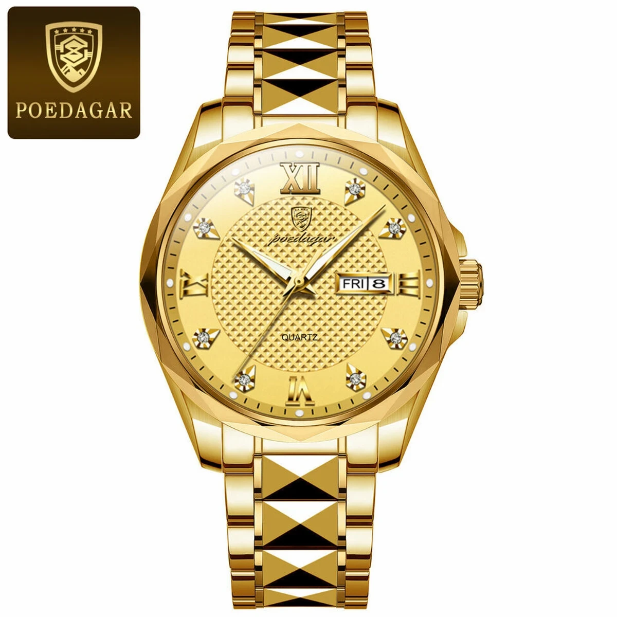 POEDAGAR Luxury Watches for Man Waterproof Luminous Galendar Dial High Fashion Quartz Wristwatch Model Number：998 Full Golden Cooler Watch