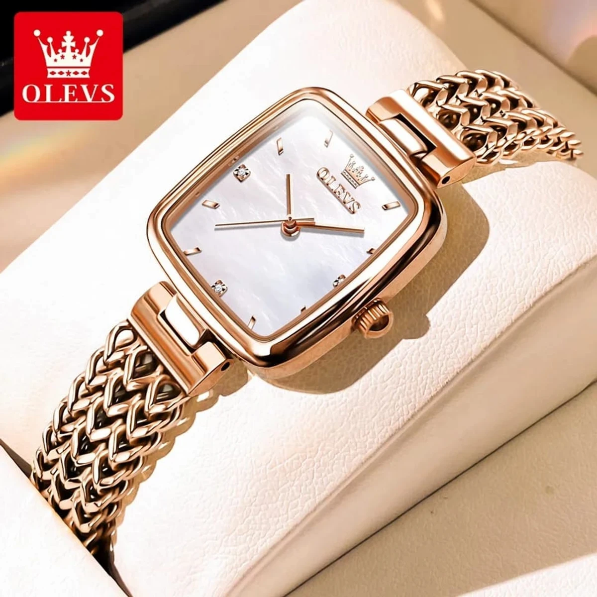 OLEVS WOMEN WATCH MODEL 9951 Square Fashion Ultra-Thin Quartz Watch - COOLER GOLDEN CHAI DIAL WHITE