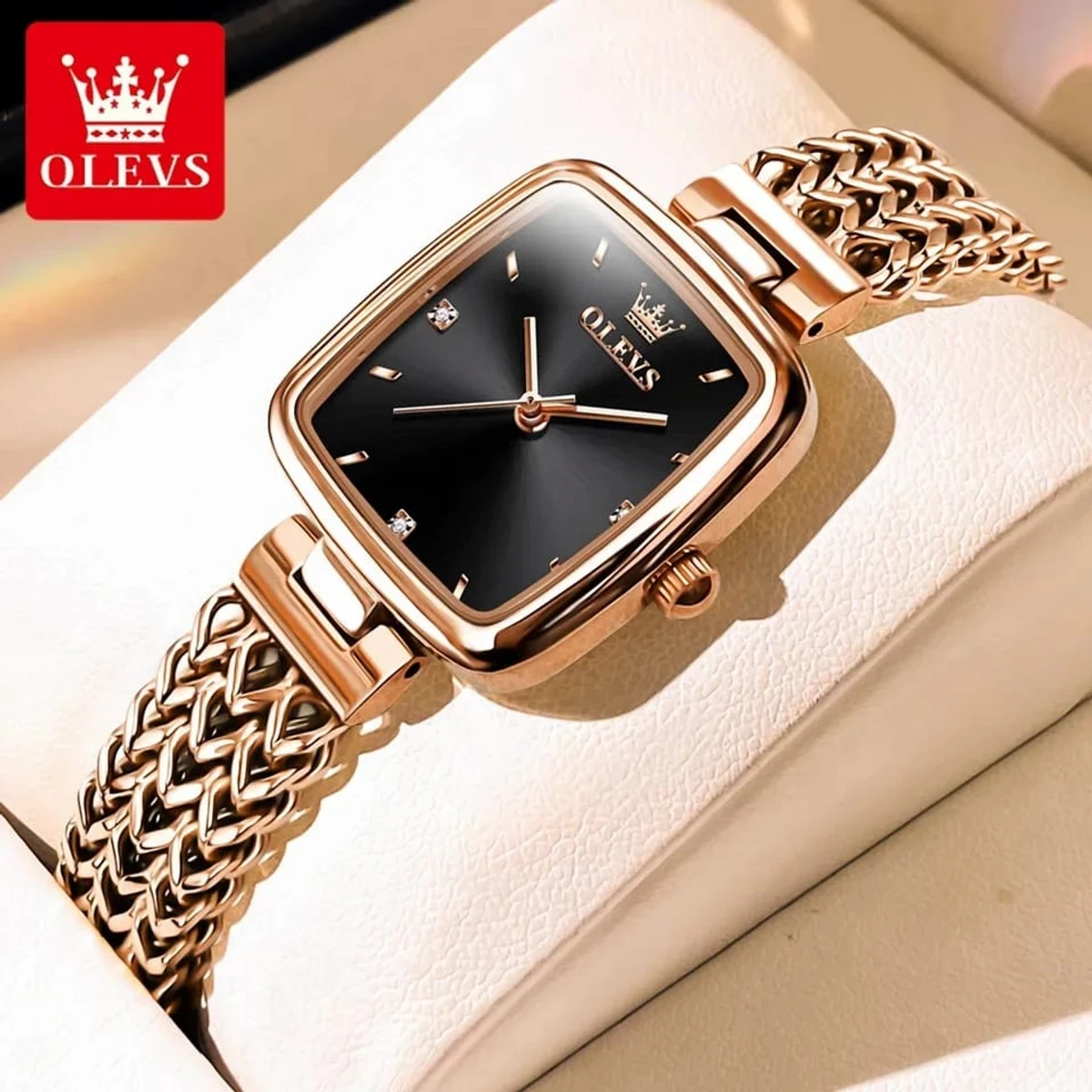 OLEVS WOMEN WATCH MODEL 9951 Square Fashion Ultra-Thin Quartz Watch - COOLER GOLDEN CHAI DIAL BLACK