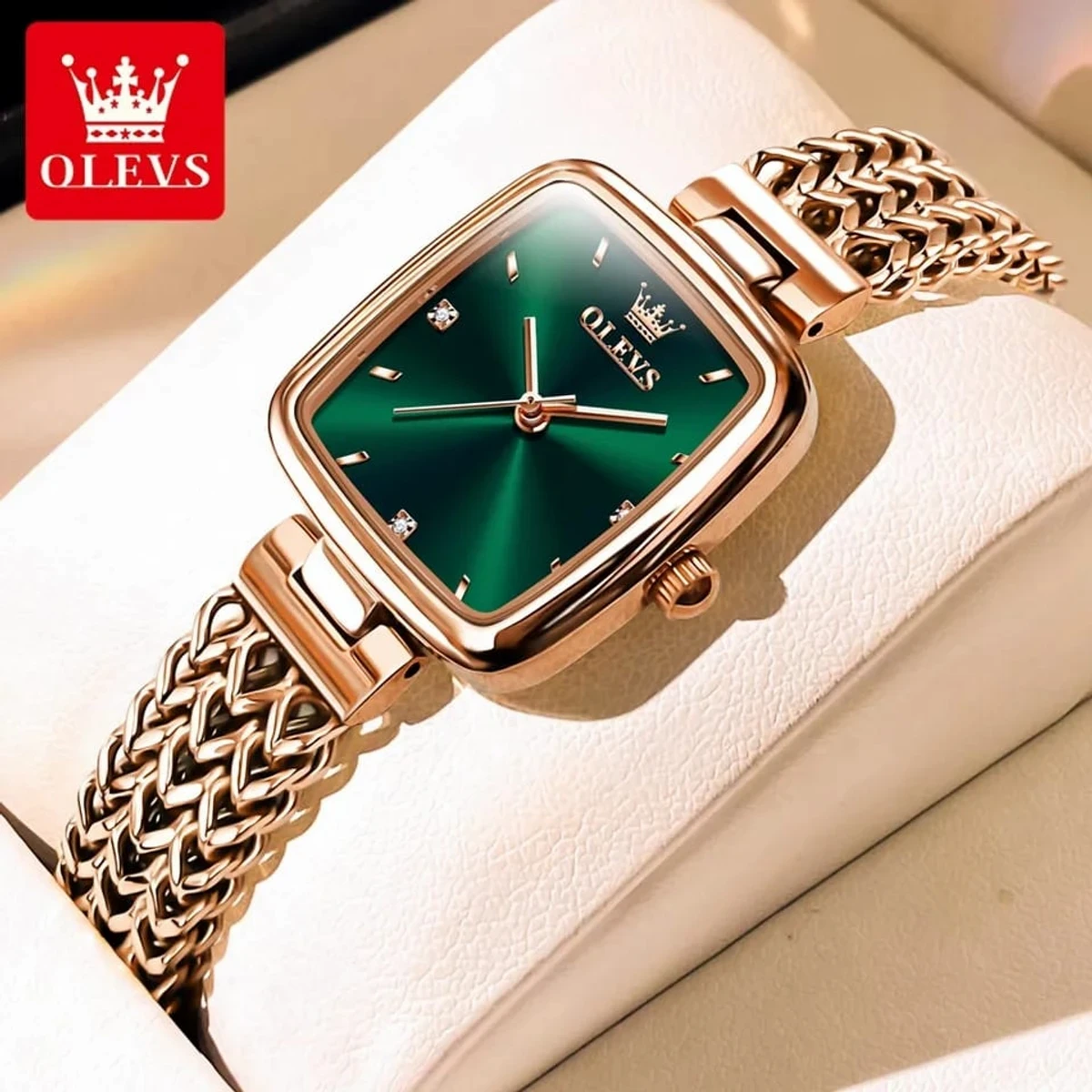 OLEVS WOMEN WATCH MODEL 9951 Square Fashion Ultra-Thin Quartz Watch - COOLER GOLDEN CHAI DIAL BLUE