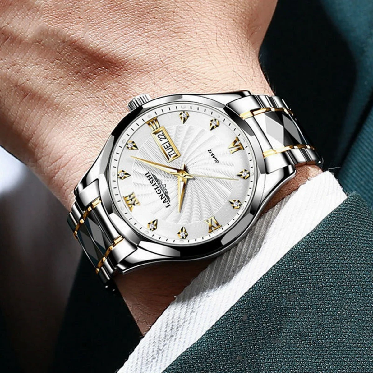 LUXUREY LANGLISHI PREMIUM Fashion Men Wristwatch  WHITE