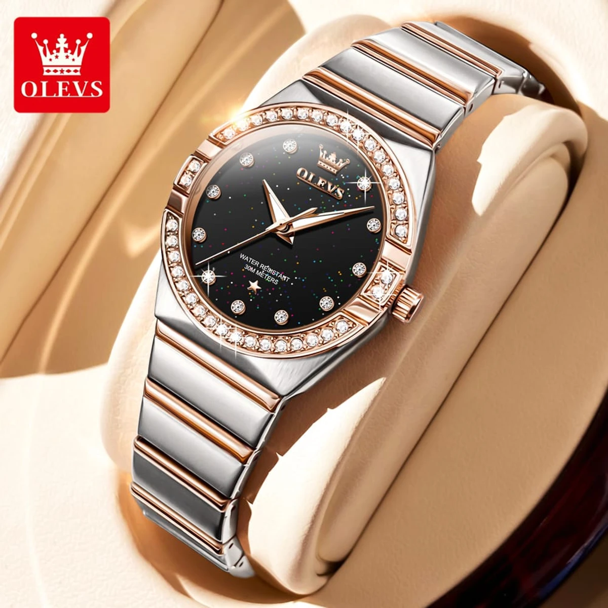 OLEVS Women's Watches Fashion Elegant Original Quartz Watch for Ladies Shining Diamond Case Waterproof Luminous Bracelet Set