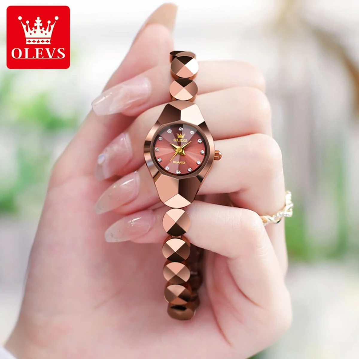 OLEVS Luxury Classic Tungsten Steel Strap Fashion business Quartz Watch for Women- Rose Gold