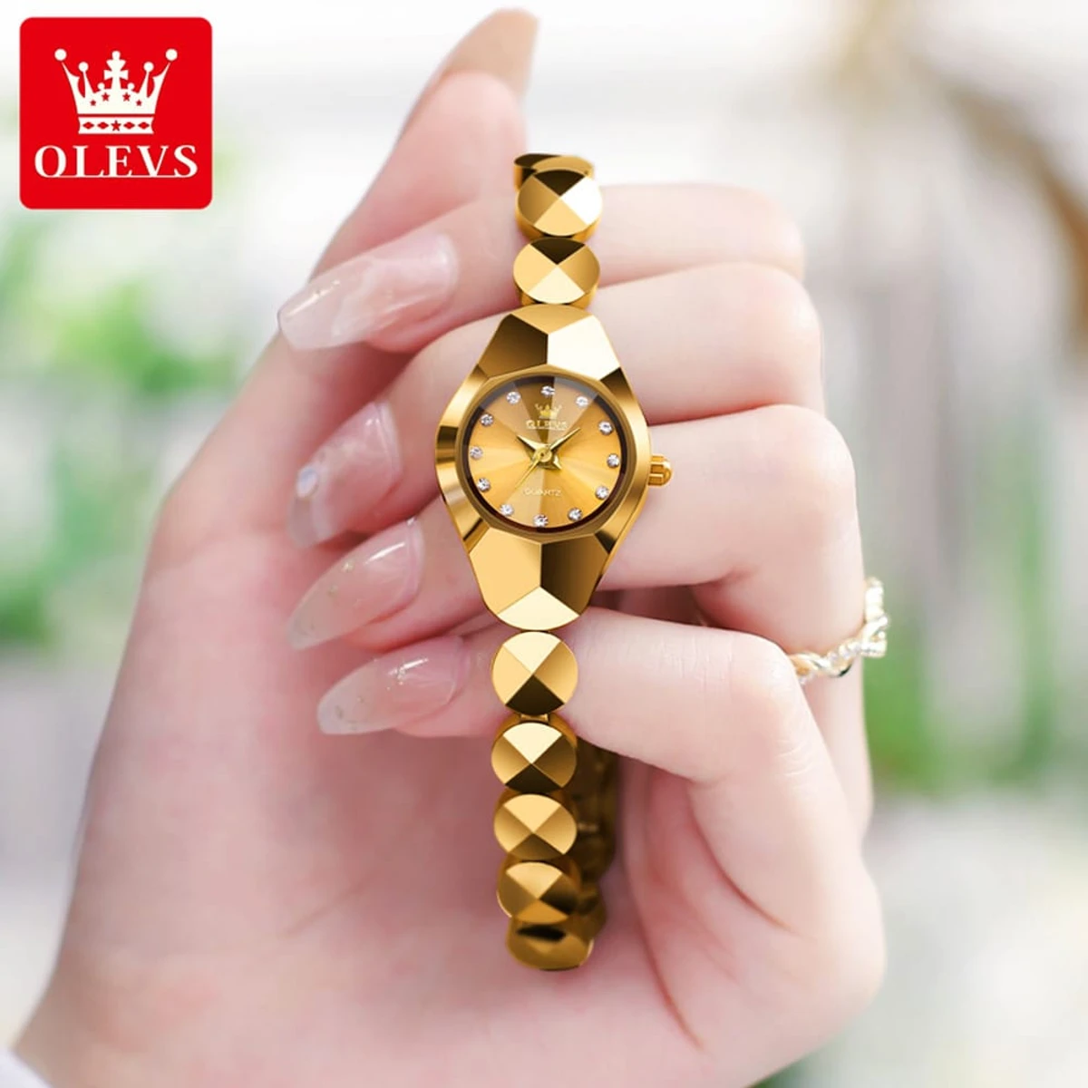 OLEVS Luxury Classic Tungsten Steel Strap Fashion business Quartz Watch for Women- Gold