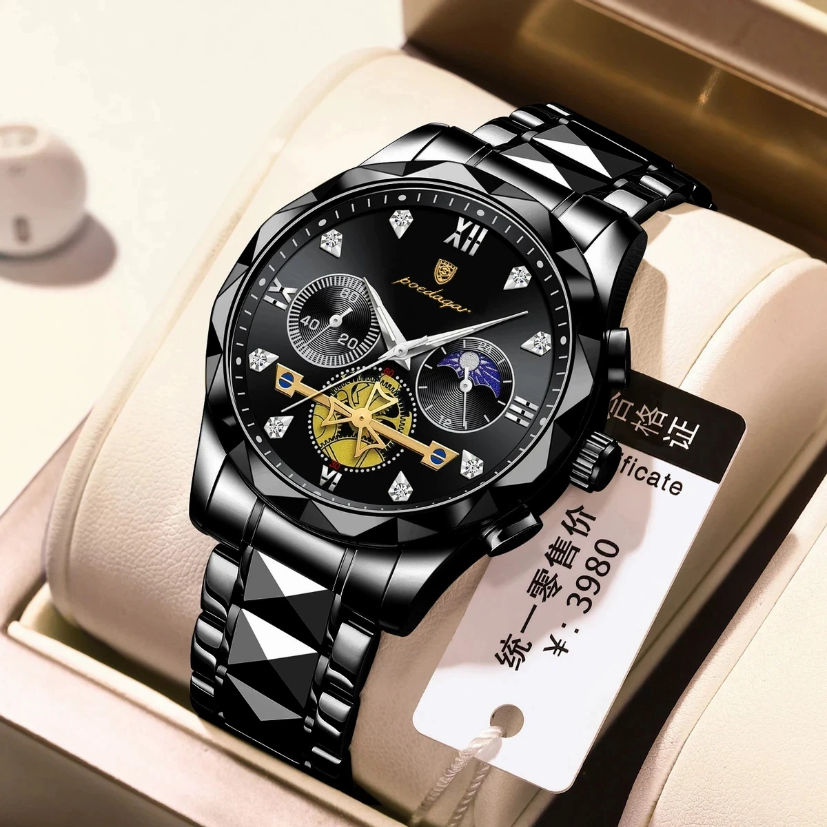 POEDAGAR Luxury Men Watches Business Top Brand Man Wristwatch Waterproof Luminous Date Week Quartz Men's Watch High Quality+Box-BLACK