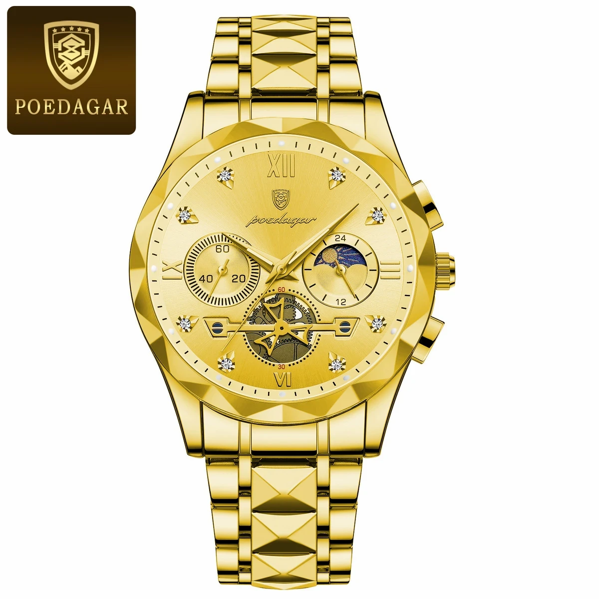 POEDAGAR Luxury Men Watches Business Top Brand Man Wristwatch Waterproof Luminous Date Week Quartz Men's Watch High Quality+Box-GOLDEN