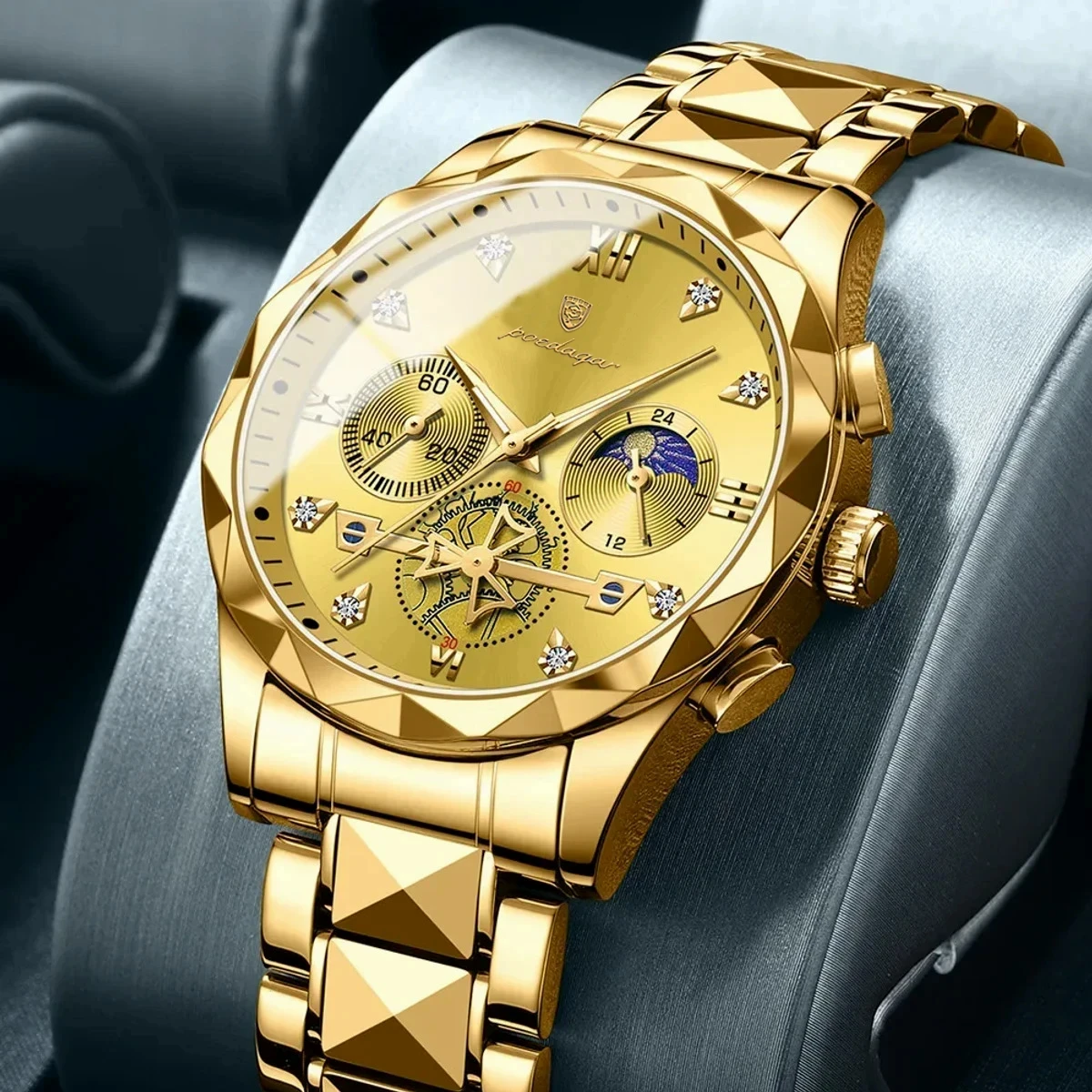 POEDAGAR Luxury Men Watches Business Top Brand Man Wristwatch Waterproof Luminous Date Week Quartz Men's Watch High Quality+Box-GOLDEN