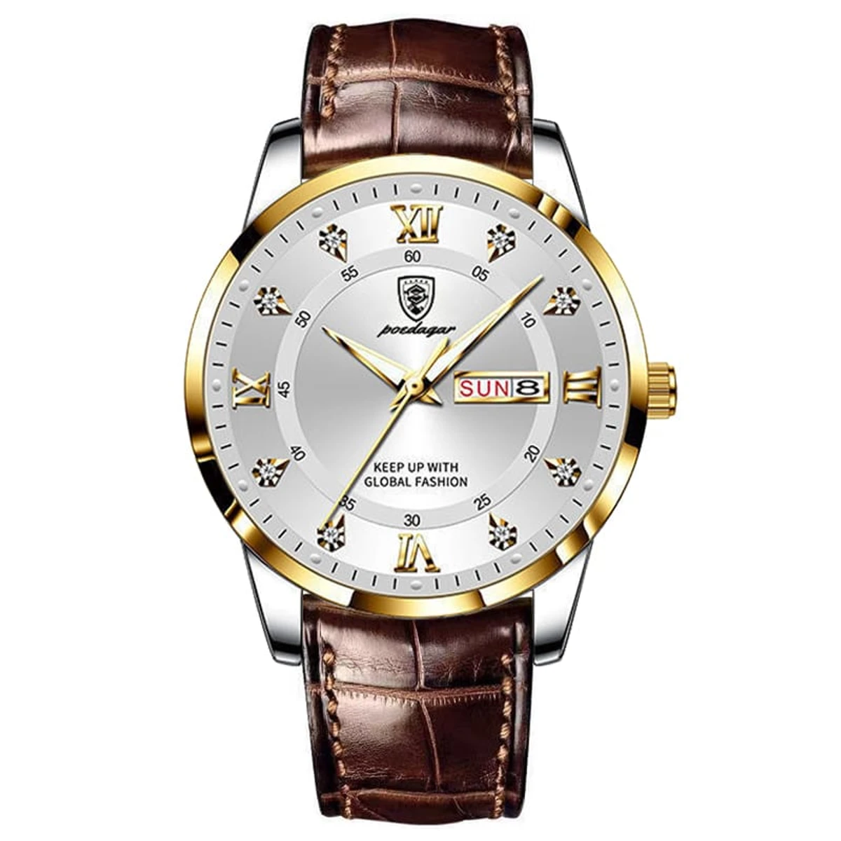 POEDAGAR Luxury Men’s Luminous Clasp Date Week Sport Stainless Steel Wristwatch - belt