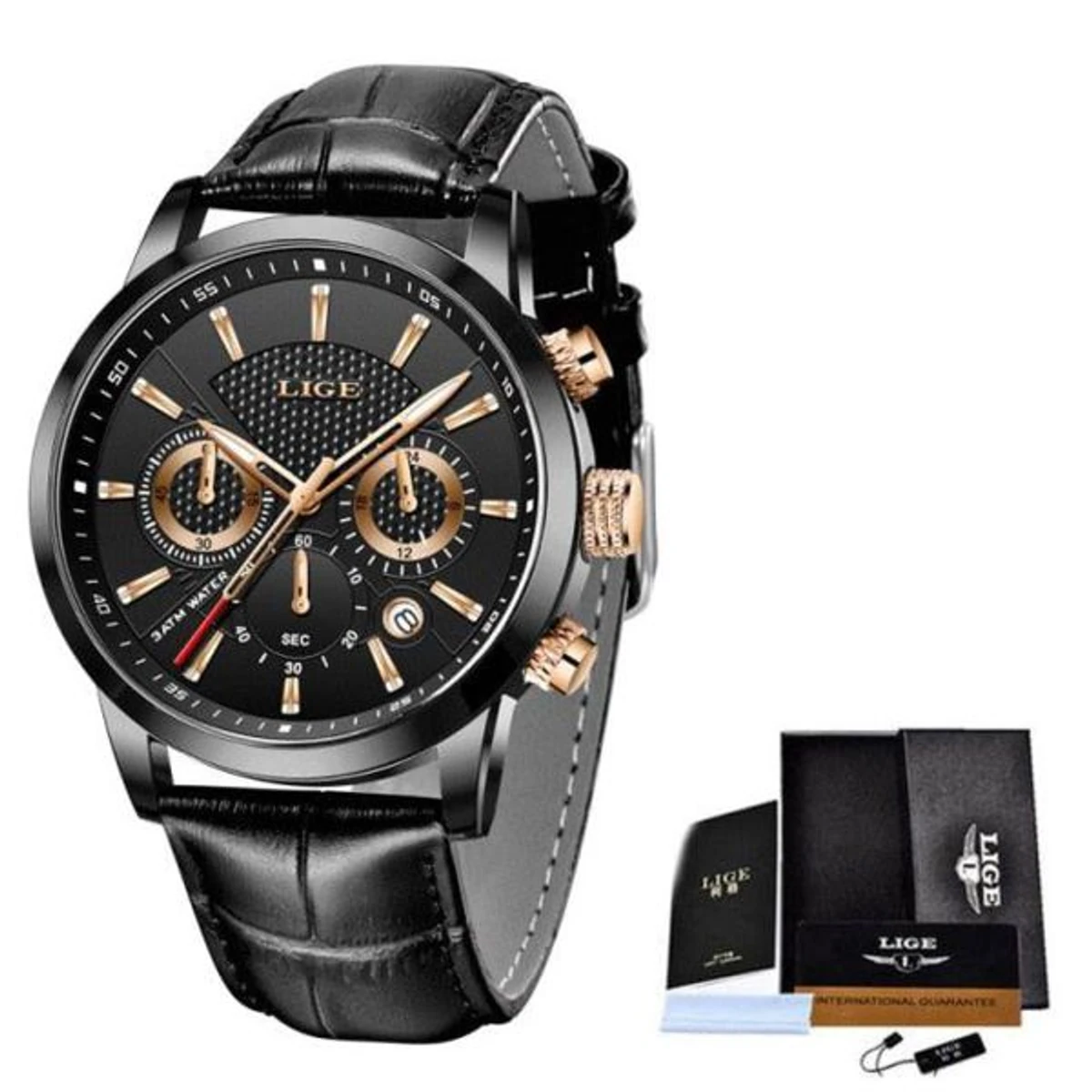 LIGE 9866 Men Fashion Sport Quartz Luxury Leather Waterproof Chronograph Watch
