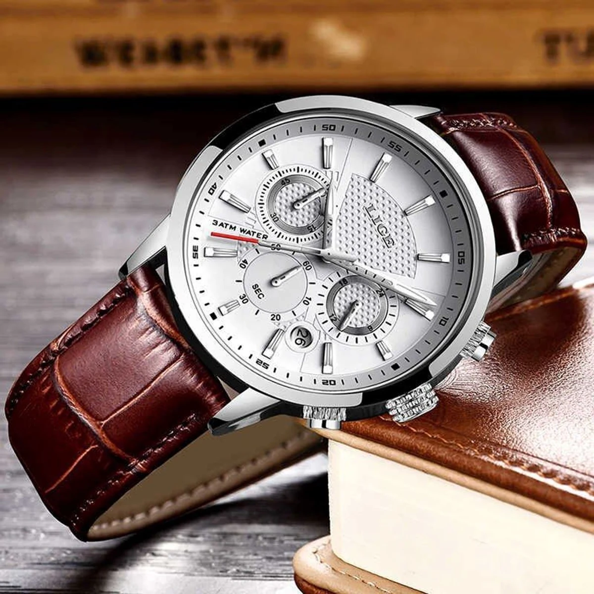 LIGE 9866 Men Fashion Sport Quartz Luxury Leather Waterproof Chronograph Watch