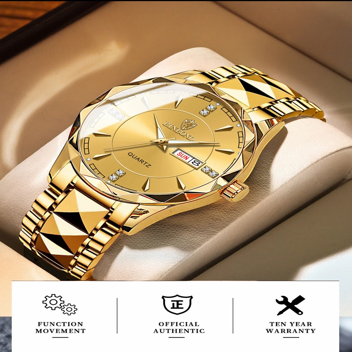 Luxury Binbond Stainless Steel Classic Waterproof Watch for Men - Man Binbond dimond card Degain Full golden