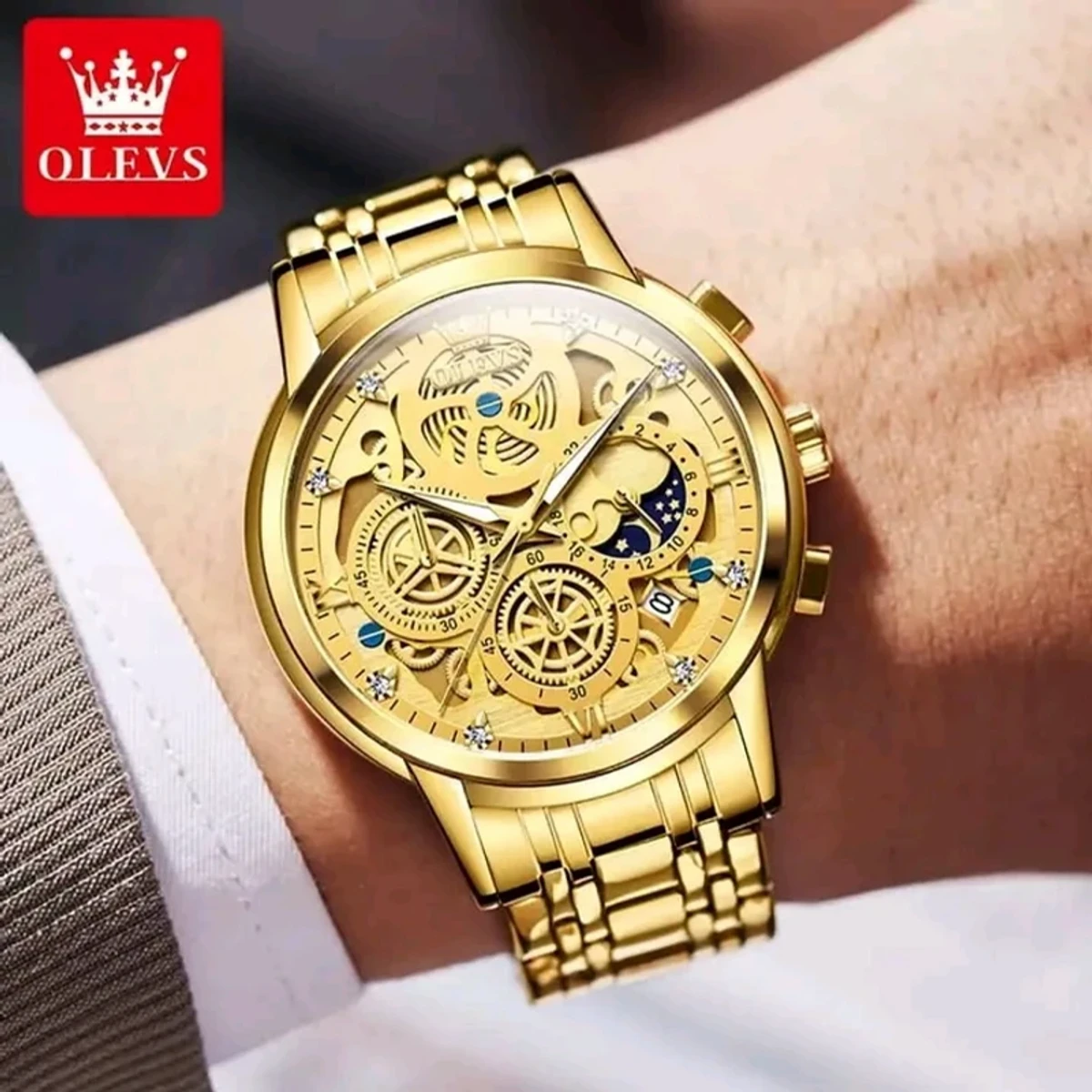 OLEVS WATCH MODEL 9947 FOR MEN WATERPROOF TRENDY HOLLOW-CARVED DESIGN STAINLESS STEEL CHRONOGRAPH LUMINOUS MULTIFUNCTIONAL WATCH