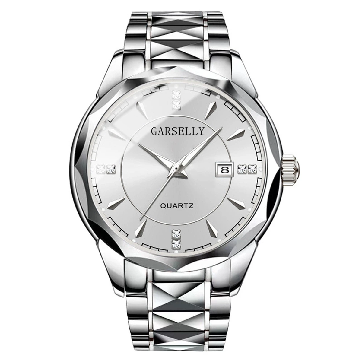 GARSELLY - Luxury Man Wristwatch Waterproof  Watch for Men Stainless Steel Men's Watches High Quality+Box-Silver&White