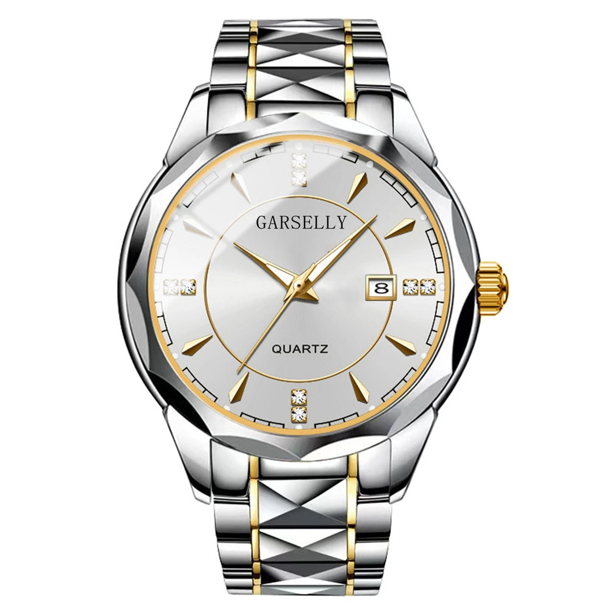 GARSELLY - Luxury Man Wristwatch Waterproof Watch for Men Stainless Steel Men's Watches High Quality+Box-Silver&White