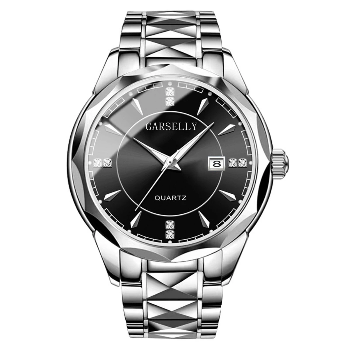 GARSELLY - Luxury Man Wristwatch Waterproof Watch for Men Stainless Steel Men's Watches High Quality+Box-Silver&Black