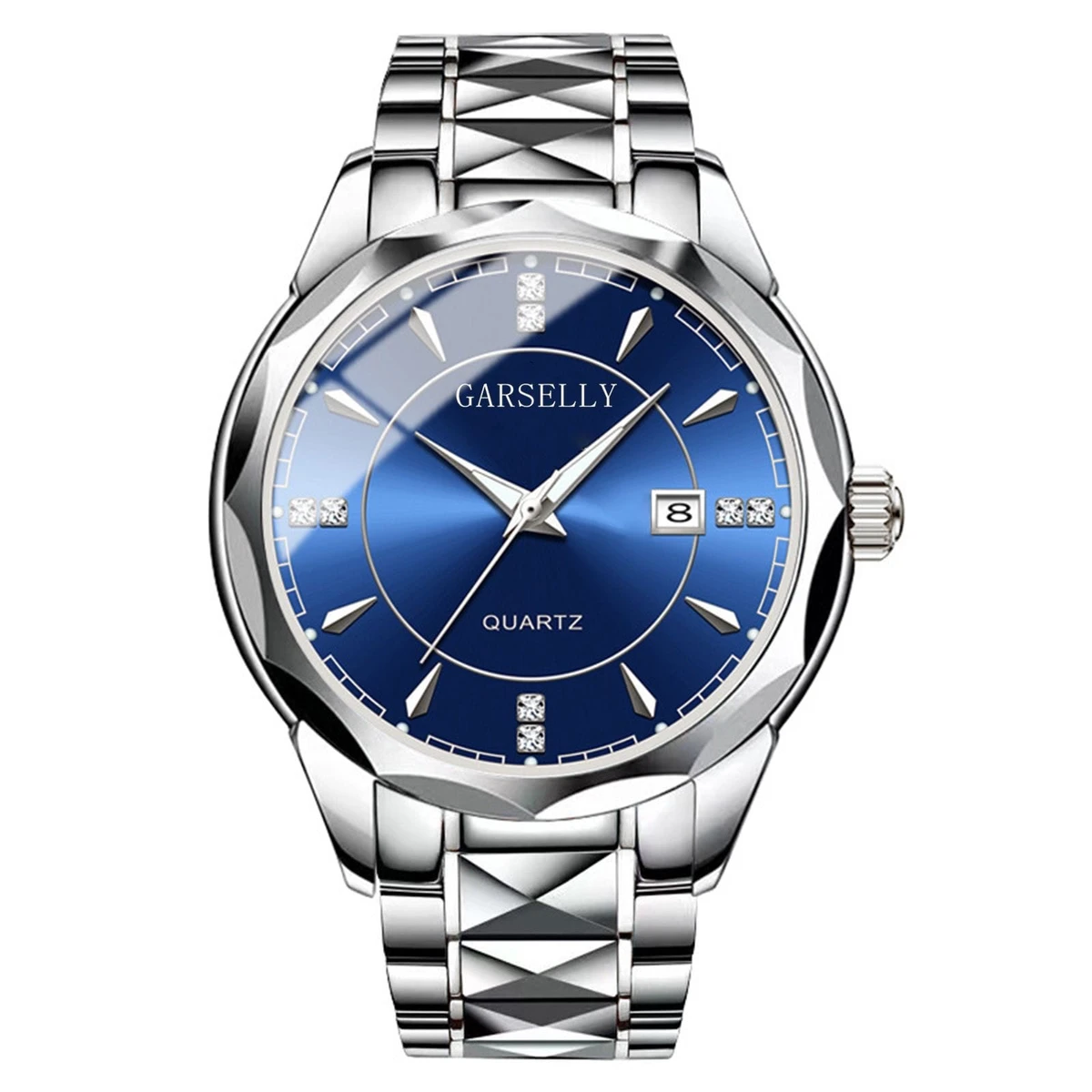 GARSELLY - Luxury Man Wristwatch Waterproof Watch for Men Stainless Steel Men's Watches High Quality+Box-Silver&Blue