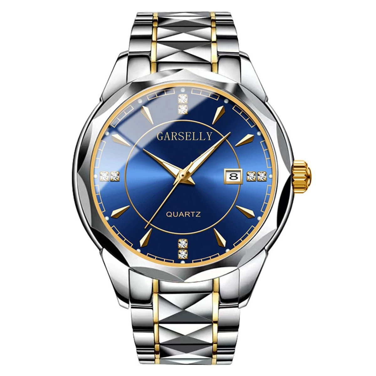 GARSELLY - Luxury Man Wristwatch Waterproof Watch for Men Stainless Steel Men's Watches High Quality+Box- Silver&Blue
