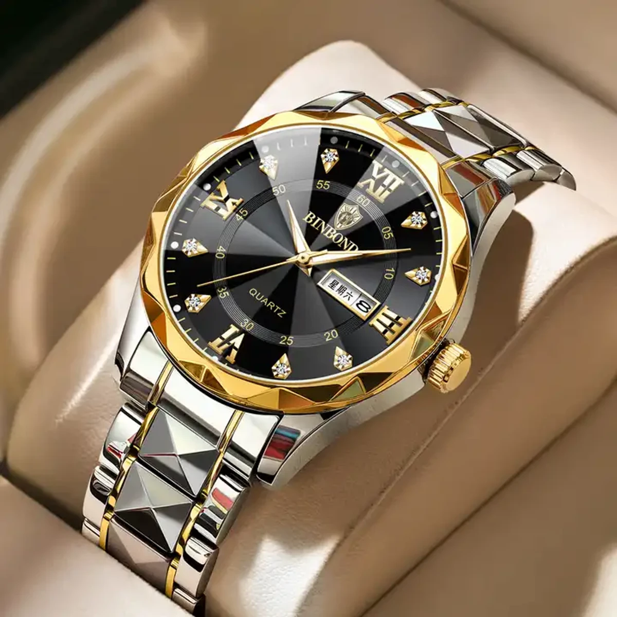 Luxury Binbond authentic men's watch waterproof night light dual calendar watch men's quartz watch diamond ceiling glass- Golden & black