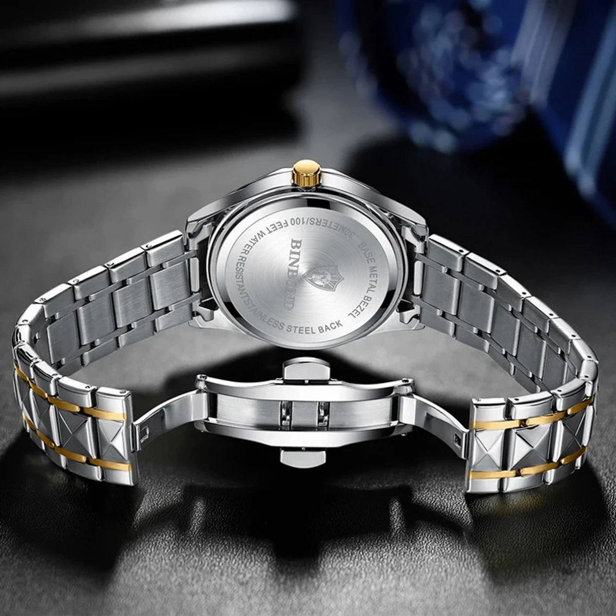 Luxury Binbond authentic men's watch waterproof night light dual calendar watch men's quartz watch diamond ceiling glass- Silver & Blue