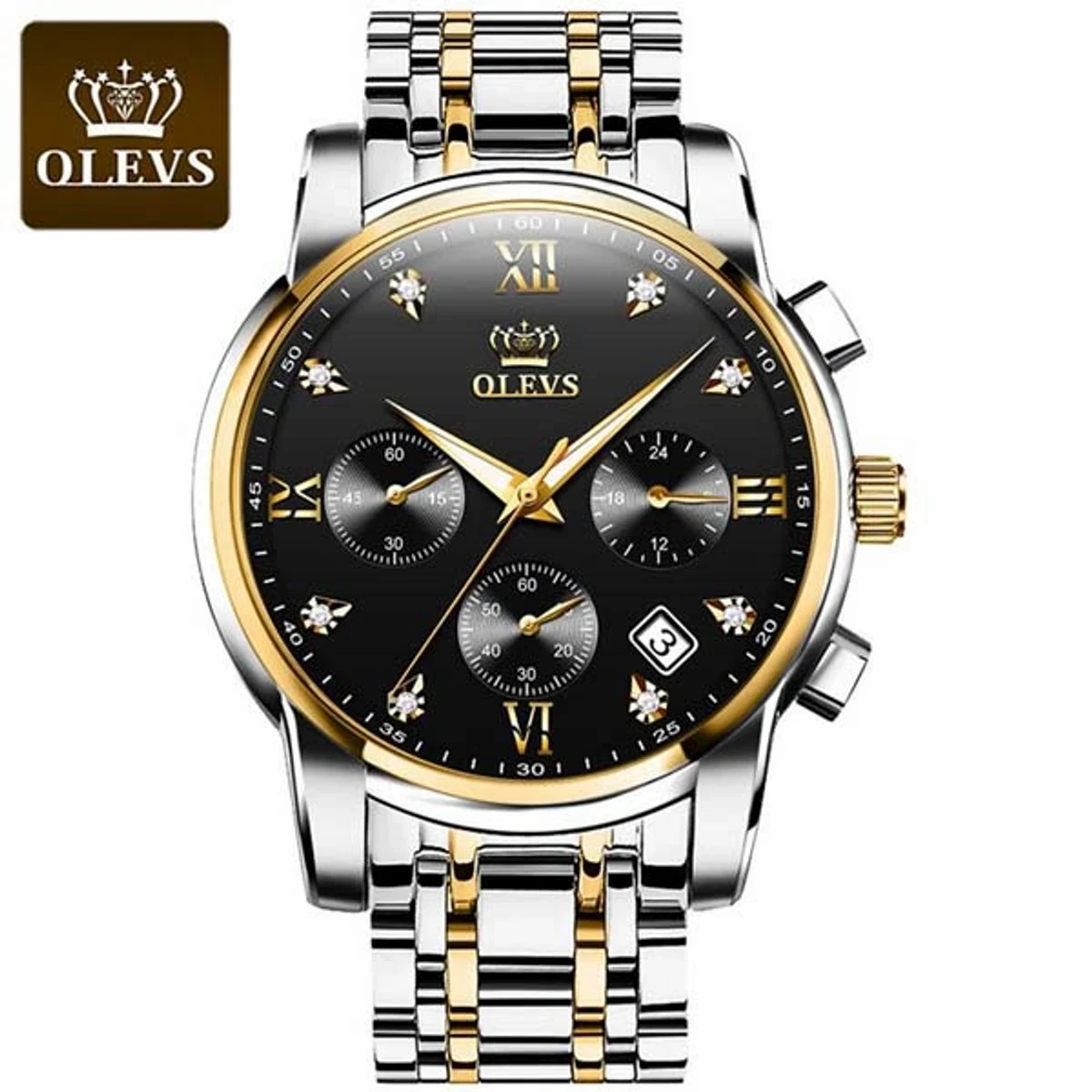 OLEVS MODEL  Watch for Men Stainless Steel Watches TOTON AR DIAL BLACK ROUND GOLDEN - MAN WATCH