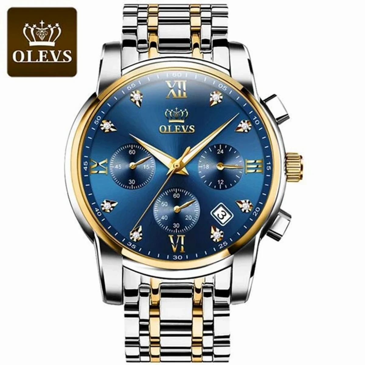 OLEVS MODEL  Watch for Men Stainless Steel Watches TOTON AR DIAL BLUE ROUND GOLDEN - MAN WATCH