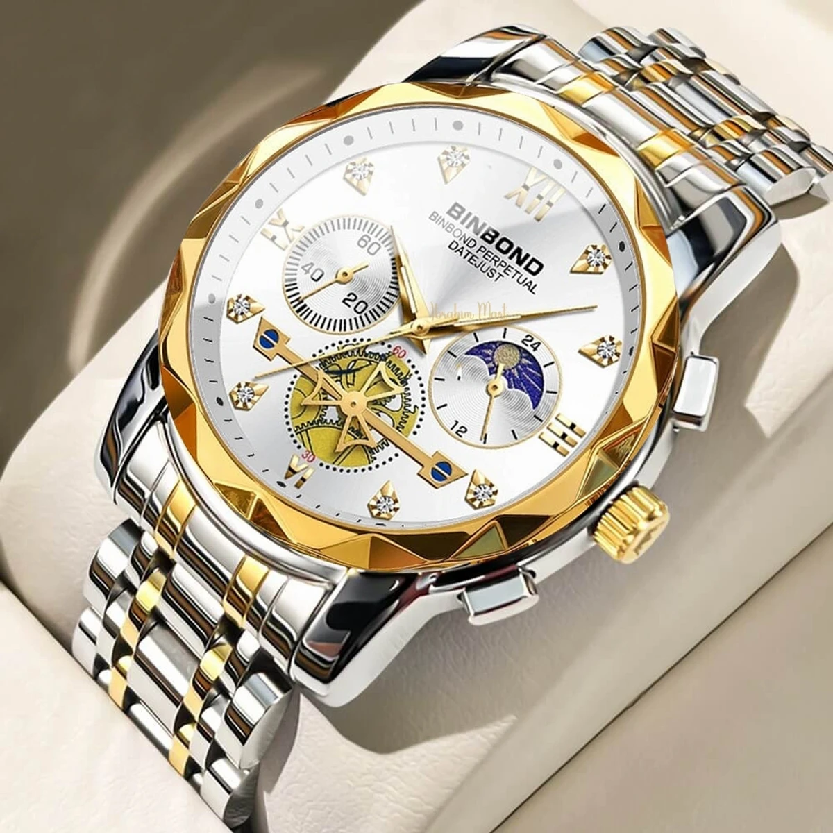 Binbon Diamond Watch For Men Stainless Steel Clone toton white