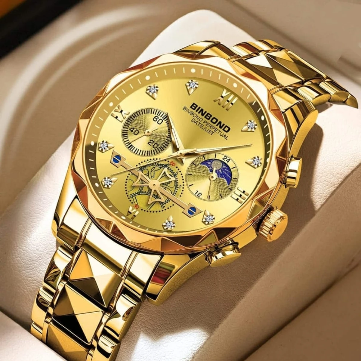 New Luxury Diamond Watch For Men Stainless Steel Waterproof Chronograph Wristwatches Full gold