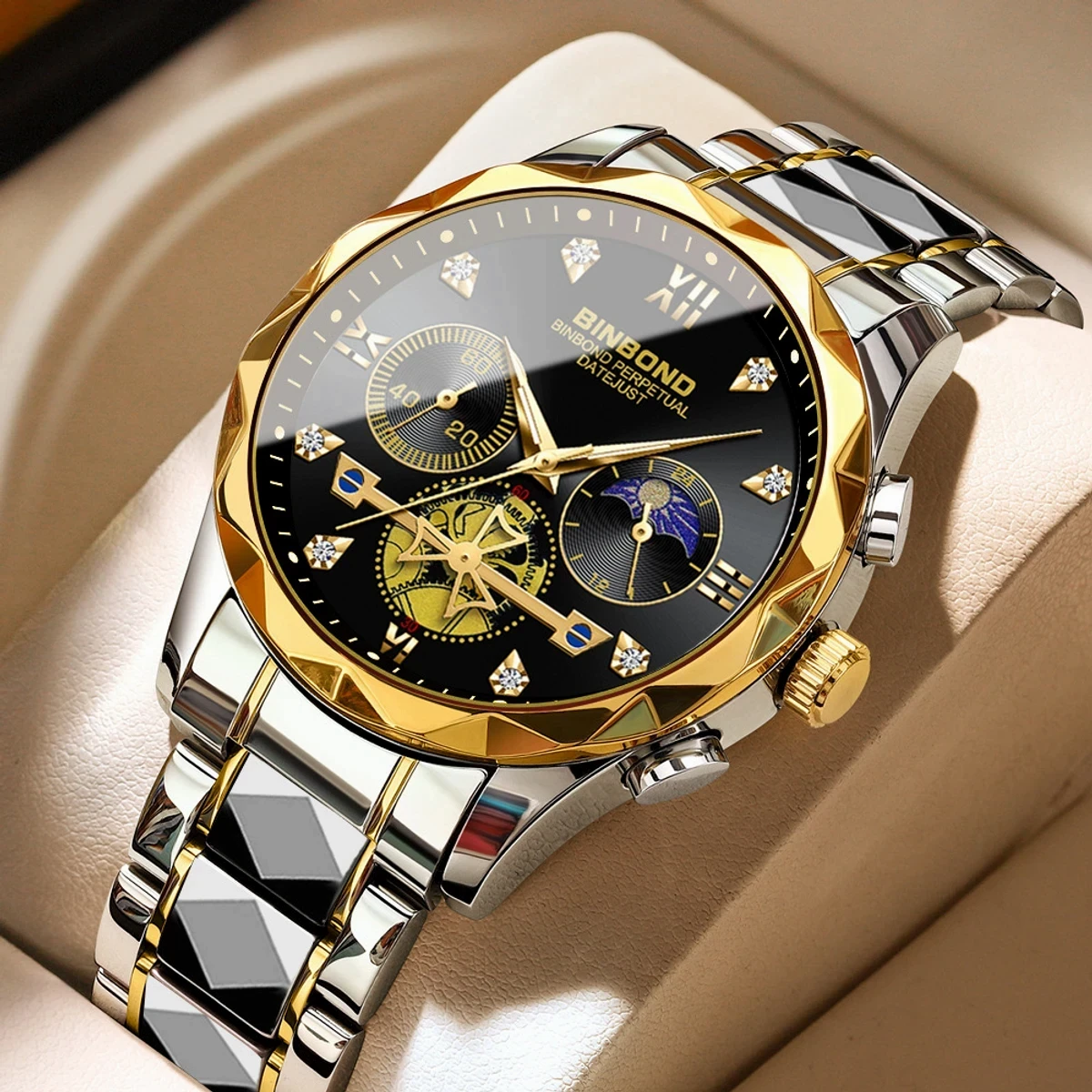 New Luxury Diamond Watch For Men Stainless Steel Waterproof Chronograph Wristwatches Toton Black