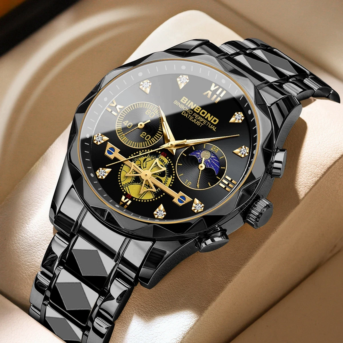 New Luxury Diamond Watch For Men Stainless Steel Waterproof Chronograph Wristwatches Full black