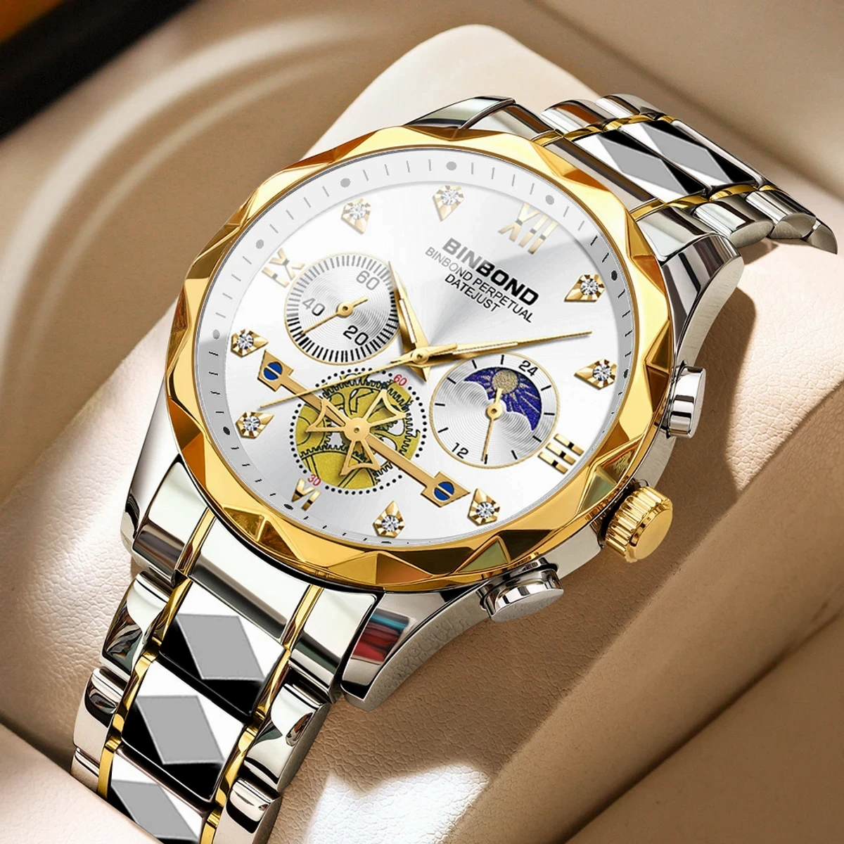 New Luxury Diamond Watch For Men Stainless Steel Waterproof Chronograph Wristwatches Toton White
