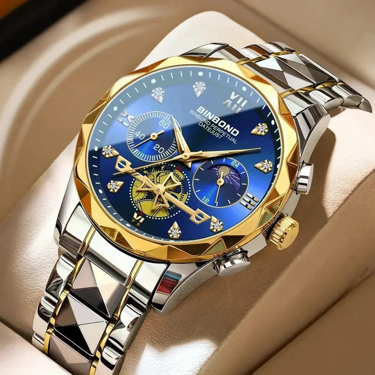 New Luxury Diamond Watch For Men Stainless Steel Waterproof Chronograph Wristwatches Toton Blue